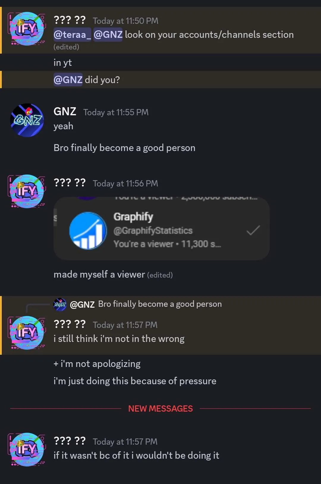 Matheus saying that he gave everyone back their permissions, and also how he still won't apologize