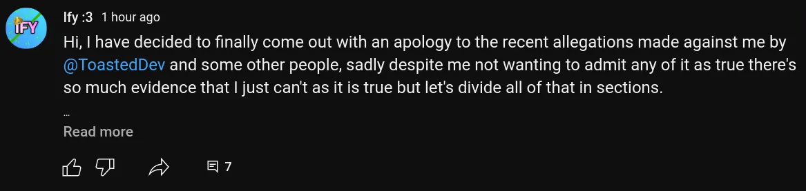 A screenshot of Matheus' apology on his community tab on YouTube