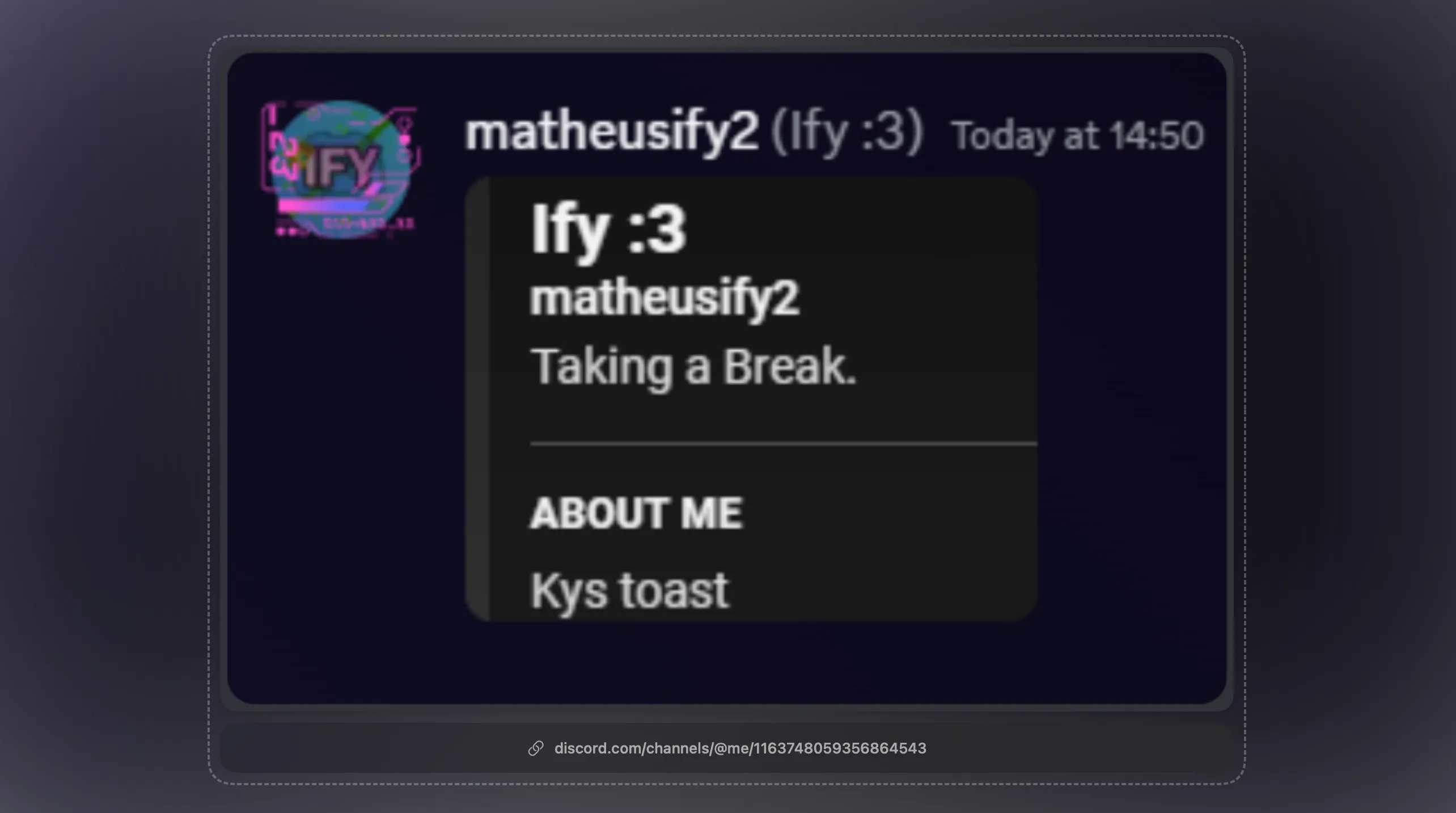 Matheus' profile, showing his about me that says \